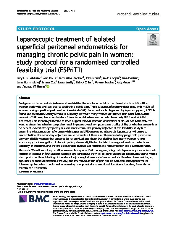 Laparoscopic treatment of isolated superficial peritoneal endometriosis for managing chronic pelvic pain in women: study protocol for a randomised controlled feasibility trial (ESPriT1) Thumbnail