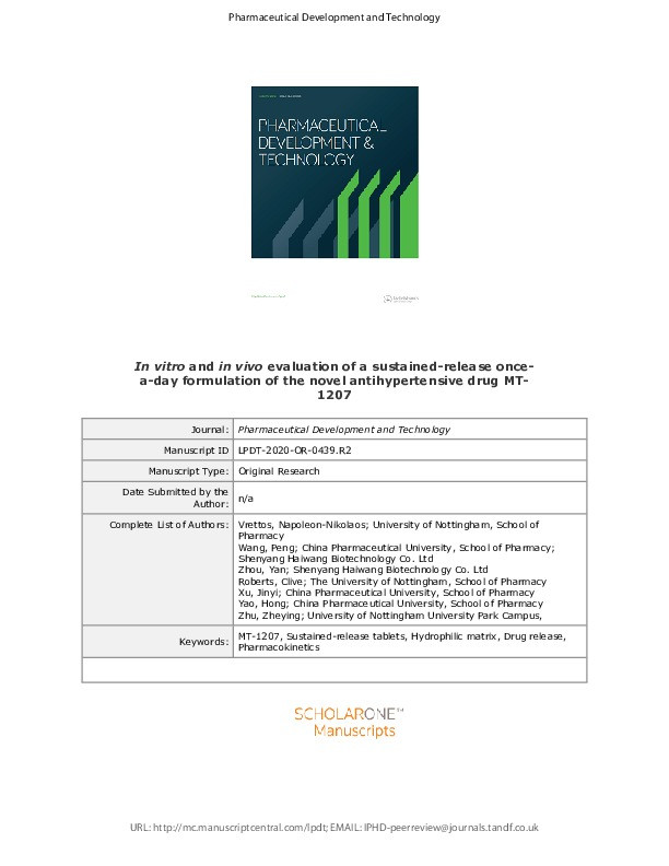 In vitro and in vivo evaluation of a sustained-release once-a-day formulation of the novel antihypertensive drug MT-1207 Thumbnail