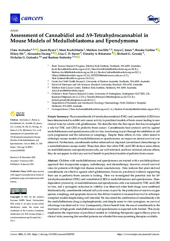 Assessment of Cannabidiol and ∆9-Tetrahydrocannabiol in Mouse Models of Medulloblastoma and Ependymoma Thumbnail