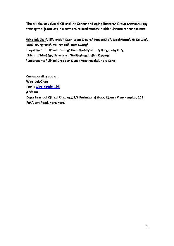 The predictive value of G8 and the Cancer and aging research group chemotherapy toxicity tool in treatment-related toxicity in older Chinese patients with cancer Thumbnail