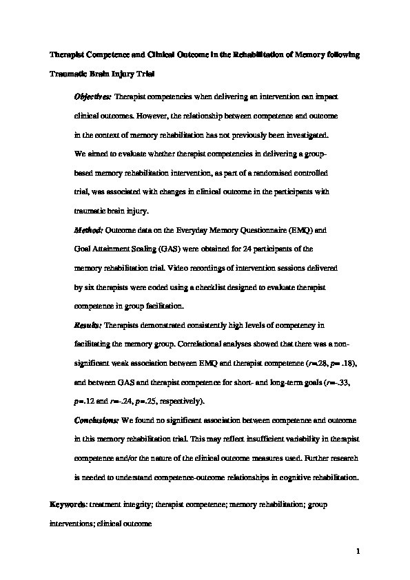 Therapist competence and clinical outcome in the rehabilitation of memory following traumatic brain injury trial Thumbnail