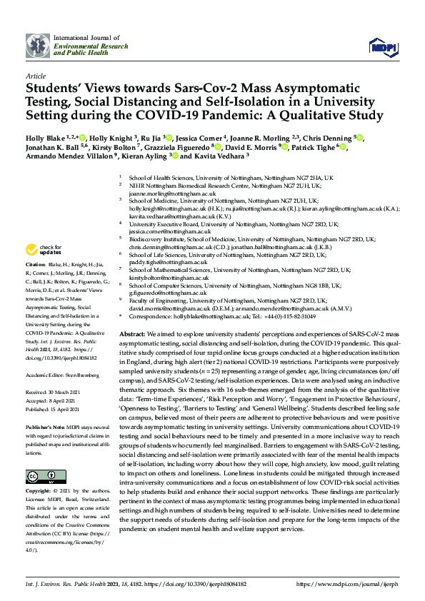 Students’ views towards sars-cov-2 mass asymptomatic testing, social distancing and self-isolation in a university setting during the covid-19 pandemic: A qualitative study Thumbnail
