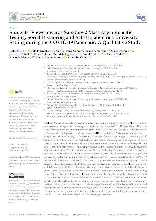 Students’ views towards sars-cov-2 mass asymptomatic testing, social distancing and self-isolation in a university setting during the covid-19 pandemic: A qualitative study Thumbnail