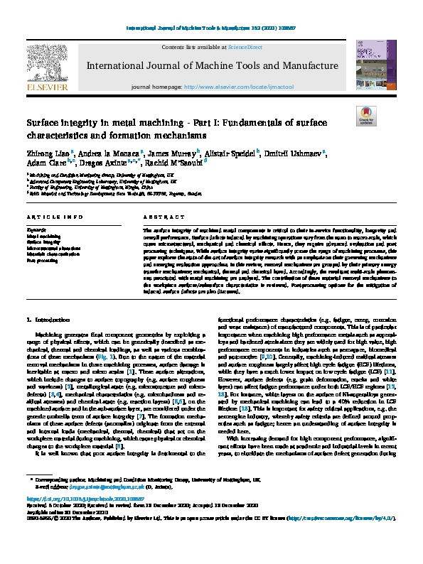 Surface integrity in metal machining - Part I: Fundamentals of surface characteristics and formation mechanisms Thumbnail