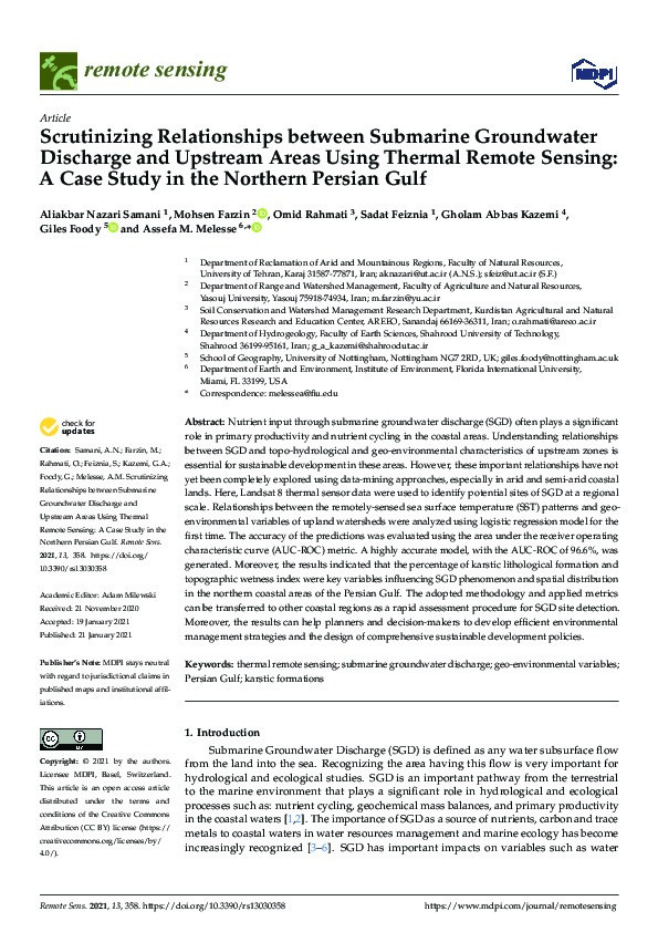 Scrutinizing relationships between submarine groundwater discharge and upstream areas using thermal remote sensing: A case study in the northern Persian gulf Thumbnail