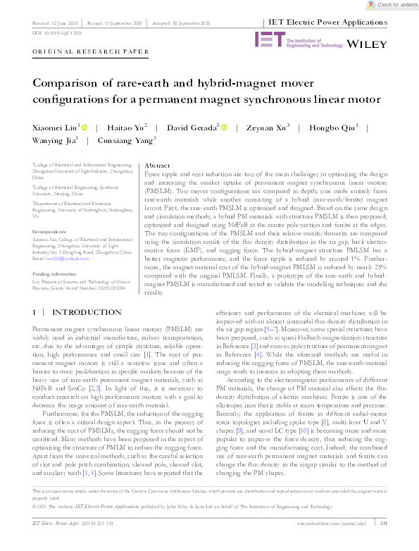 Comparison of rare-earth and hybrid-magnet mover configurations for a permanent magnet synchronous linear motor Thumbnail