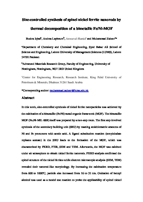 Size-controlled synthesis of spinel nickel ferrite nanorods by thermal decomposition of a bimetallic Fe/Ni-MOF Thumbnail