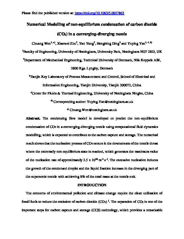 Numerical modelling of non-equilibrium condensation of carbon dioxide (CO2) in a converging-diverging nozzle Thumbnail