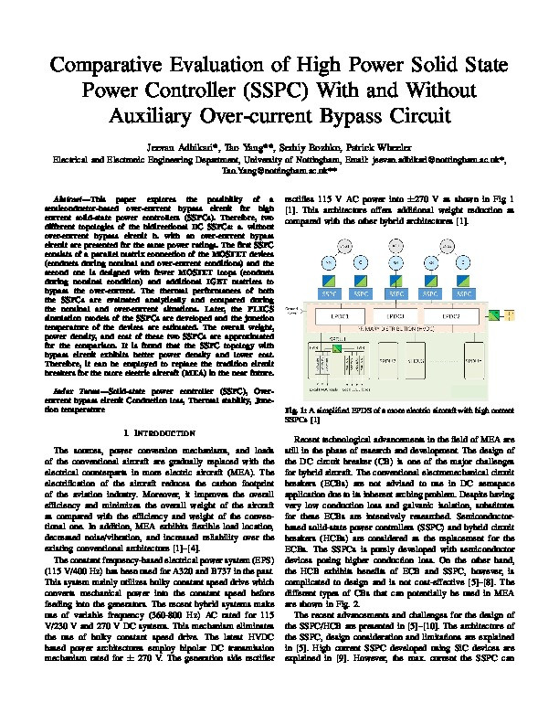 Comparative Evaluation of High Power Solid State Power Controller (SSPC) With and Without Auxiliary Over-current Bypass Circuit Thumbnail