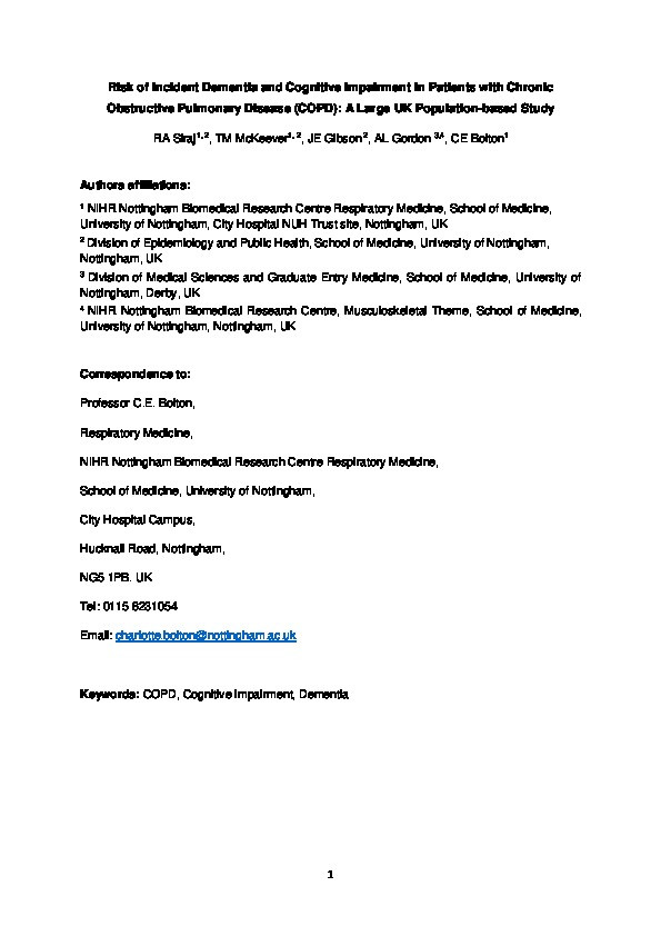 Risk of incident dementia and cognitive impairment in patients with chronic obstructive pulmonary disease (COPD): A large UK population-based study Thumbnail