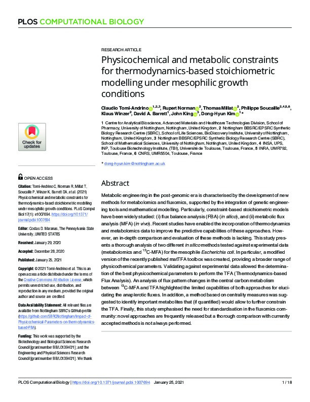 Physicochemical and metabolic constraints for thermodynamics-based stoichiometric modelling under mesophilic growth conditions Thumbnail