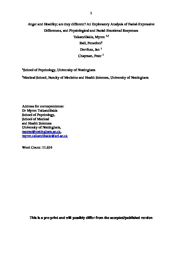 Anger and hostility: are they different? An analytical exploration of facial-expressive differences, and physiological and facial-emotional responses Thumbnail