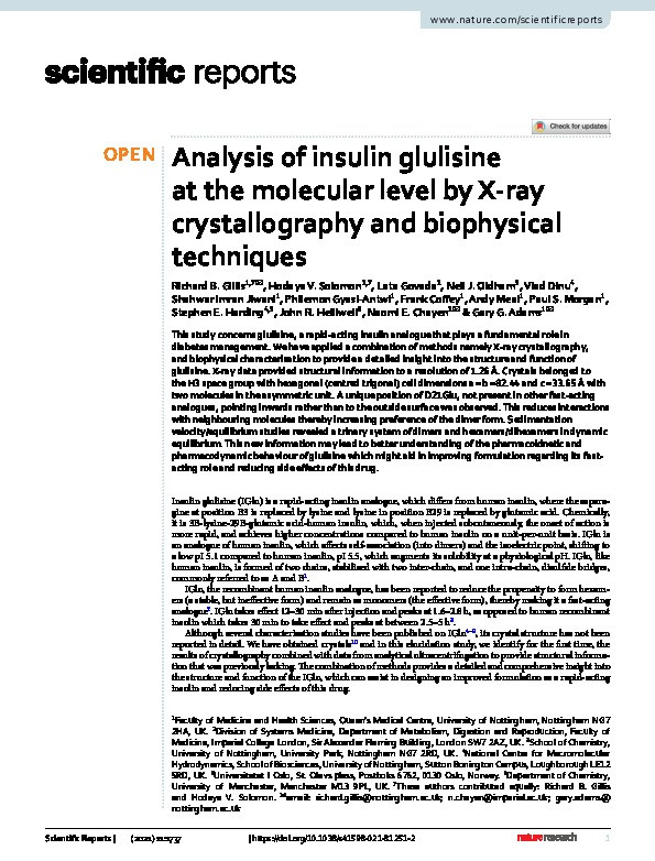 Analysis of insulin glulisine at the molecular level by X-ray crystallography and biophysical techniques Thumbnail