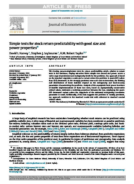 Simple Tests for Stock Return Predictability with Good Size and Power Properties Thumbnail