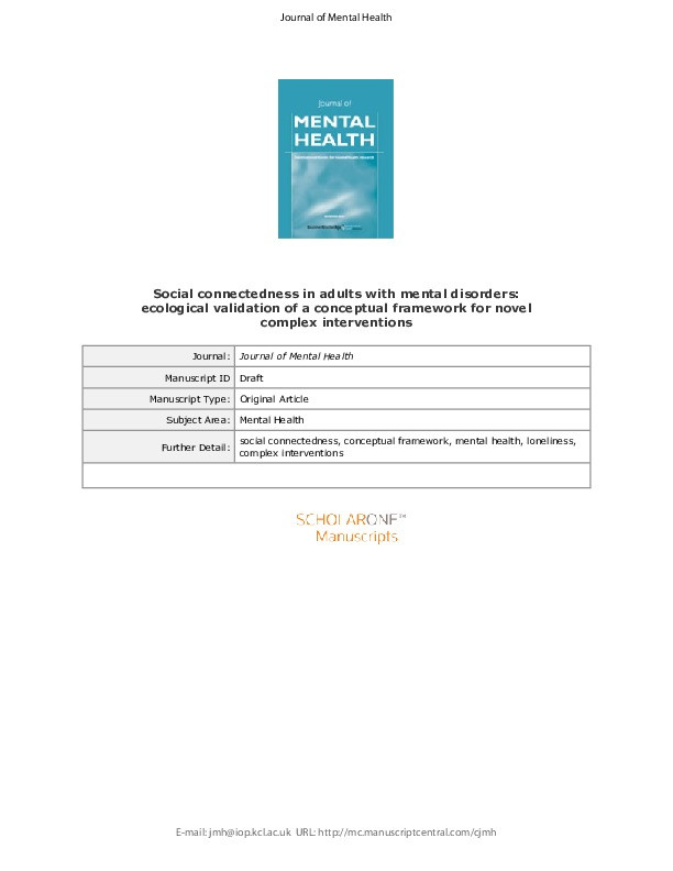 Social connectedness in adults with mental disorders: ecological validation of a conceptual framework for novel complex interventions Thumbnail