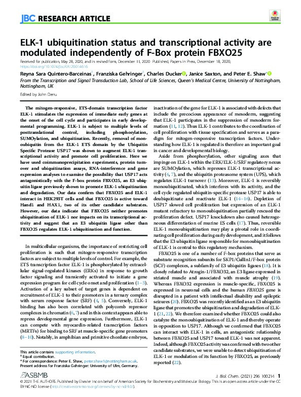 ELK-1 ubiquitination status and transcriptional activity are modulated independently of F-Box protein FBXO25 Thumbnail