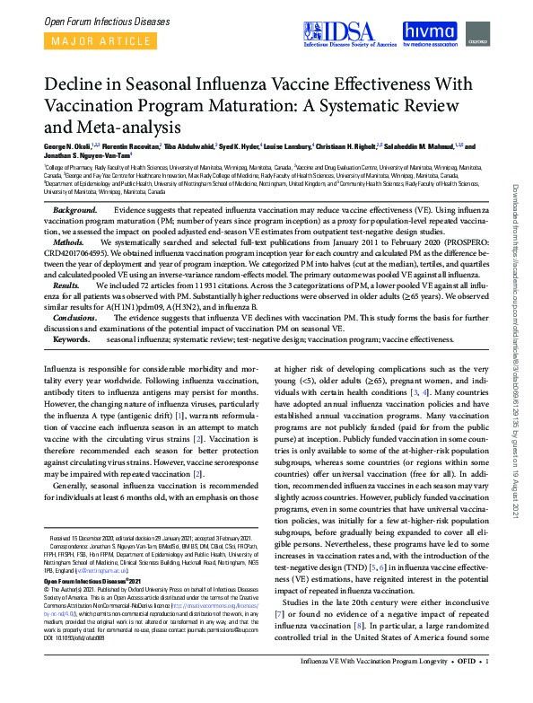 Decline in seasonal influenza vaccine effectiveness with vaccination program maturation: A systematic review and meta-analysis Thumbnail