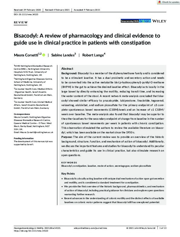 Bisacodyl: A review of pharmacology and clinical evidence to guide use in clinical practice in patients with constipation Thumbnail