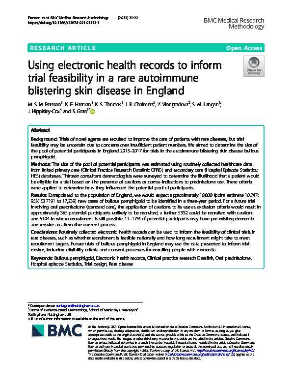 Using electronic health records to inform trial feasibility in a rare autoimmune blistering skin disease in England Thumbnail