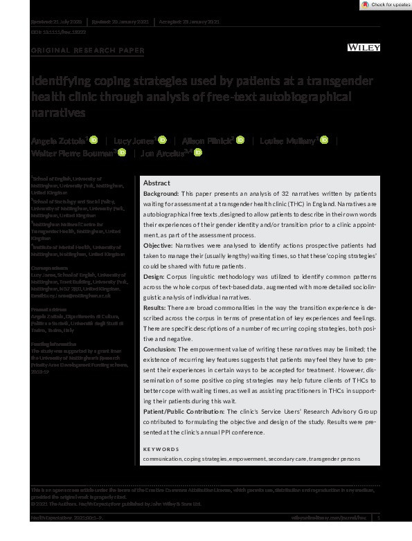 Identifying coping strategies used by patients at a transgender health clinic through analysis of free?text autobiographical narratives Thumbnail