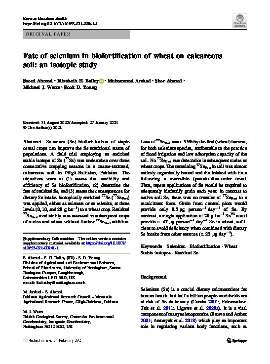 Fate of selenium in biofortification of wheat on calcareous soil: an isotopic study Thumbnail