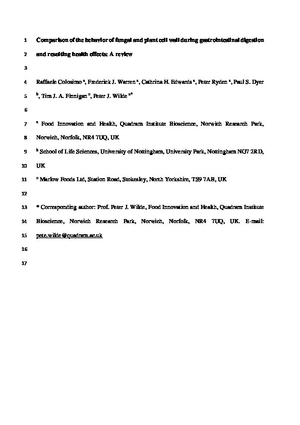 Comparison of the behavior of fungal and plant cell wall during gastrointestinal digestion and resulting health effects: A review Thumbnail