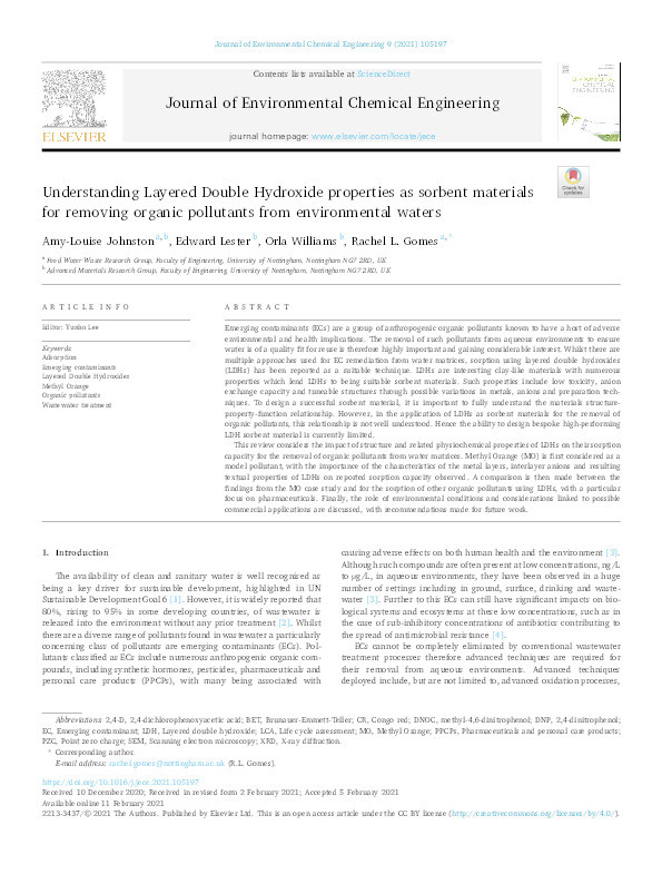 Understanding Layered Double Hydroxide properties as sorbent materials for removing organic pollutants from environmental waters Thumbnail