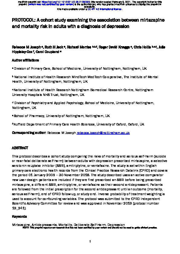 PROTOCOL: A cohort study examining the association between mirtazapine and mortality risk in adults with a diagnosis of depression Thumbnail