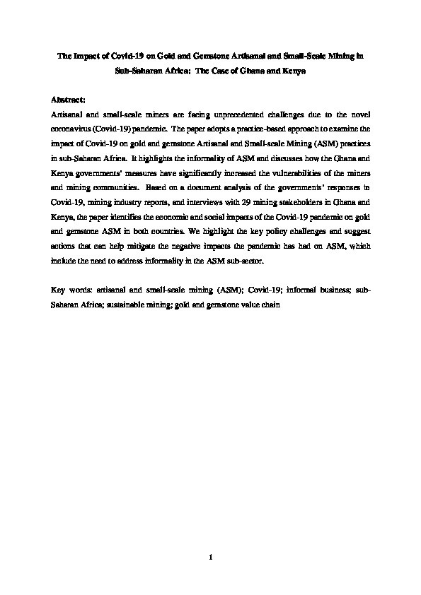 The impact of Covid-19 on gold and gemstone artisanal and small-scale mining in sub-Saharan Africa: The case of Ghana and Kenya Thumbnail