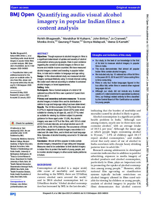 Quantifying audio visual alcohol imagery in popular Indian films: A content analysis Thumbnail