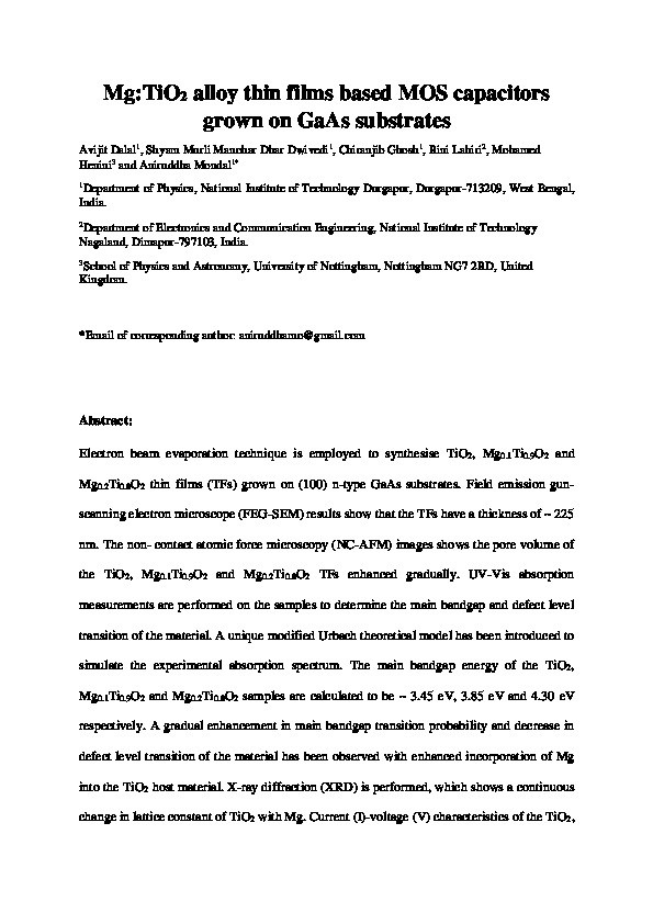Mg:TiO2 alloy thin films based MOS capacitors grown on GaAs substrates Thumbnail