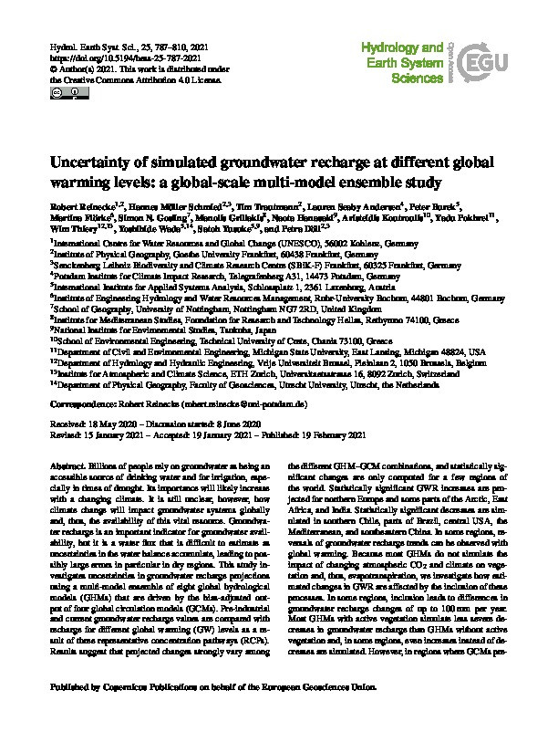 Uncertainty of simulated groundwater recharge at different global warming levels: a global-scale multi-model ensemble study Thumbnail