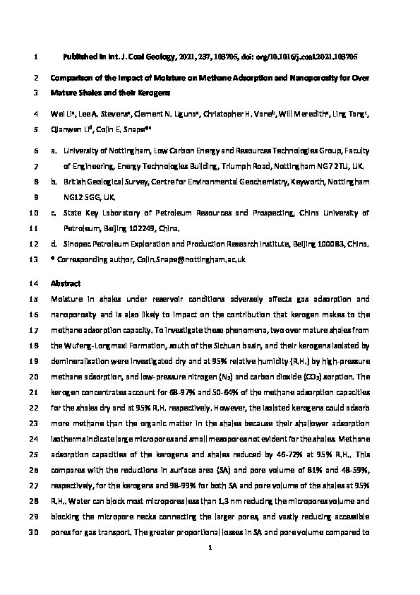 Comparison of the impact of moisture on methane adsorption and nanoporosity for over mature shales and their kerogens Thumbnail