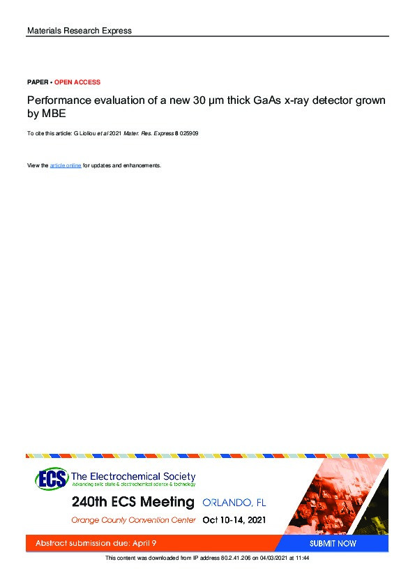 Performance evaluation of a new 30 μm thick GaAs X-ray detector grown by MBE Thumbnail