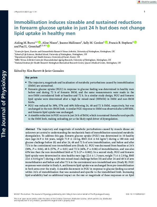 Immobilisation induces sizeable and sustained reductions in forearm glucose uptake in just 24h but does not change lipid uptake in healthy men Thumbnail