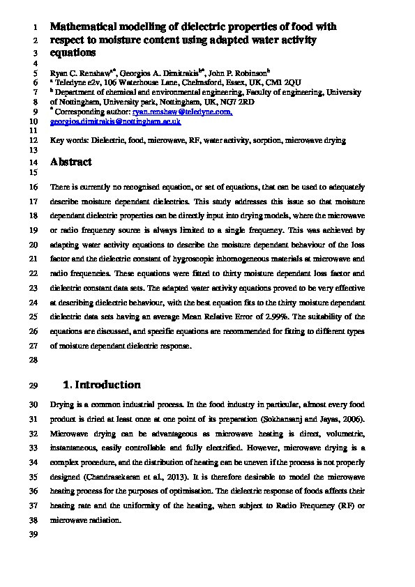 Mathematical modelling of dielectric properties of food with respect to moisture content using adapted water activity equations Thumbnail