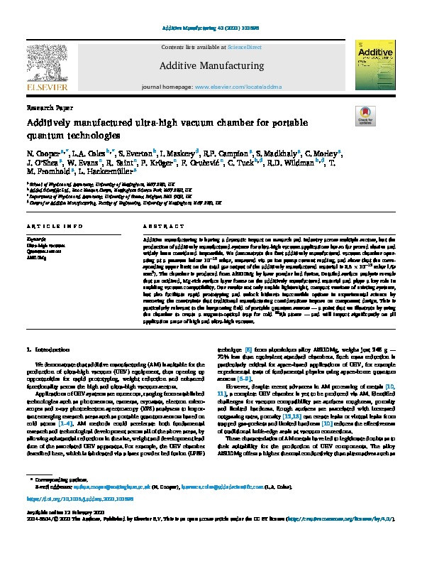 Additively manufactured ultra-high vacuum chamber for portable quantum technologies Thumbnail