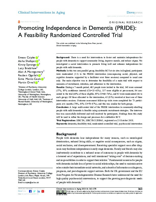 Promoting independence in Dementia (Pride): A feasibility randomized controlled trial Thumbnail