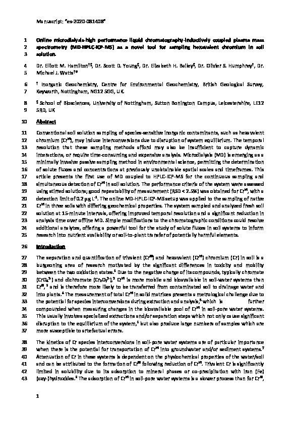 Online Microdialysis-High-Performance Liquid Chromatography-Inductively Coupled Plasma Mass Spectrometry (MD-HPLC-ICP-MS) as a Novel Tool for Sampling Hexavalent Chromium in Soil Solution Thumbnail