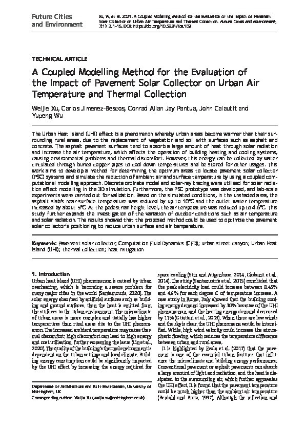 A Coupled Modelling Method for the Evaluation of the Impact of Pavement Solar Collector on Urban Air Temperature and Thermal Collection Thumbnail