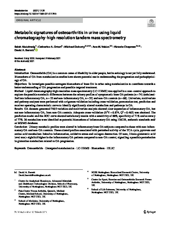 Metabolic signatures of osteoarthritis in urine using liquid chromatography‐high resolution tandem mass spectrometry Thumbnail