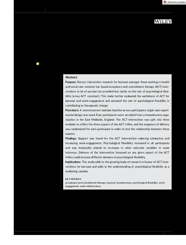 A brief acceptance and commitment intervention for work-related stress and burnout amongst frontline homelessness staff: A single case experimental design series Thumbnail