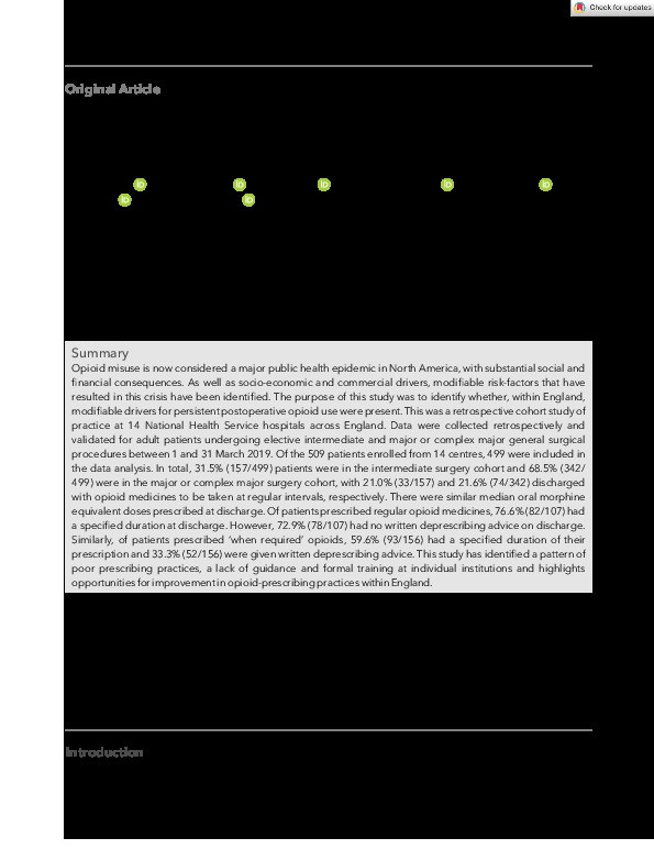 Opioid prescription at postoperative discharge: a retrospective observational cohort study Thumbnail