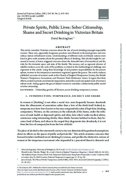 Private Spirits, Public Lives: Sober Citizenship, Shame and Secret Drinking in Victorian Britain Thumbnail