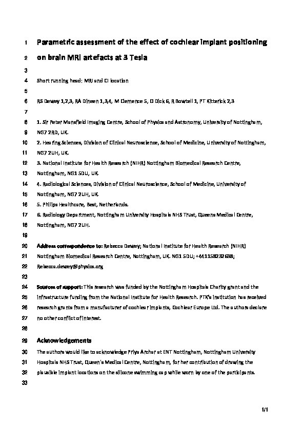 Parametric Assessment of the Effect of Cochlear Implant Positioning on Brain MRI Artefacts at 3 T Thumbnail