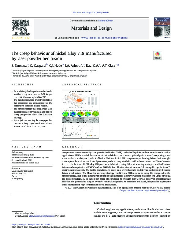 The creep behaviour of nickel alloy 718 manufactured by laser powder bed fusion Thumbnail