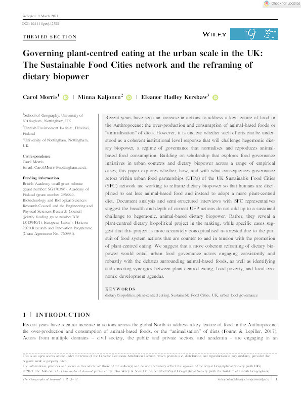 Governing plant-centred eating at the urban scale in the UK: The Sustainable Food Cities network and the reframing of dietary biopower Thumbnail