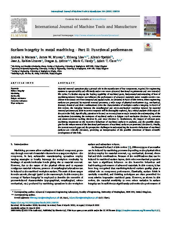 Surface integrity in metal machining - Part II: Functional performance Thumbnail