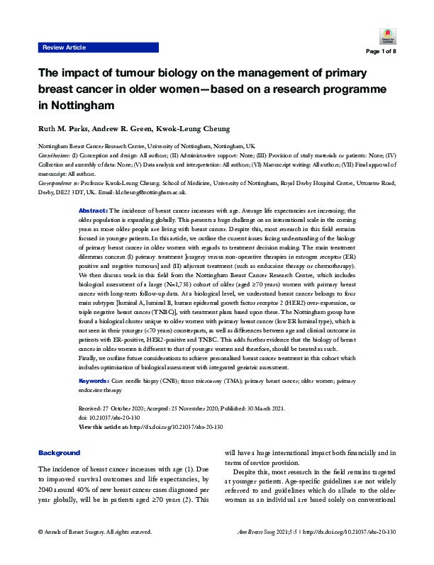 The impact of tumour biology on the management of primary breast cancer in older women—based on a research programme in Nottingham Thumbnail