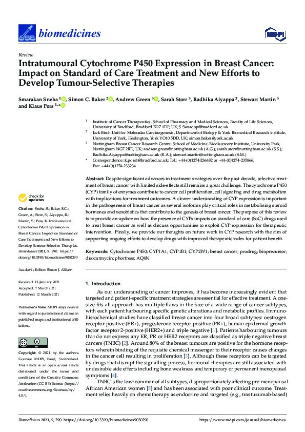 Intratumoural Cytochrome P450 Expression in Breast Cancer: Impact on Standard of Care Treatment and New Efforts to Develop Tumour-Selective Therapies Thumbnail